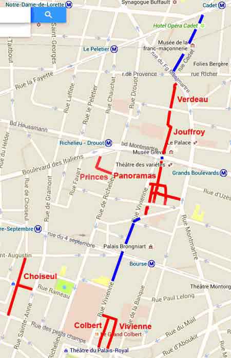 plan des passages couverts parisiens du 9eme et 2eme arrondissements