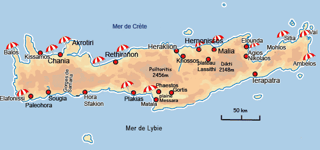 carte de la crète avec stations balnéaires