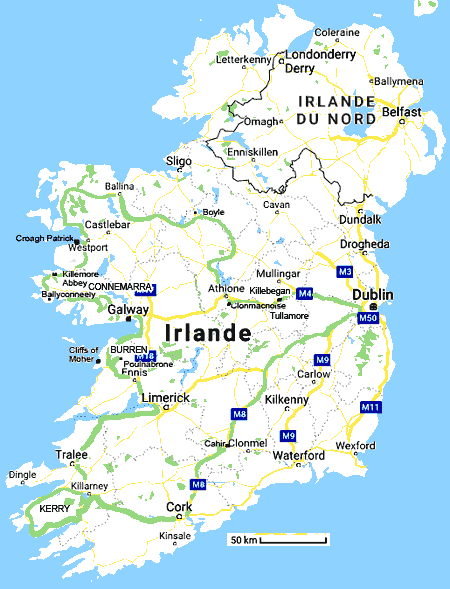 carte de l'irlande avec le trajet parcouru