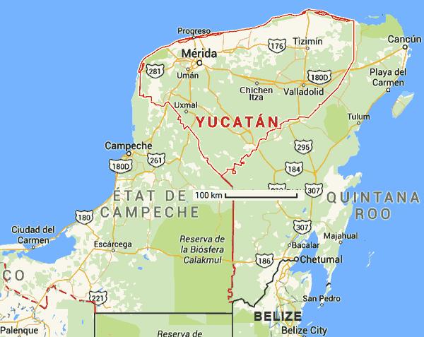 carte de la péninsule du Yucatan et de Quintana Roo