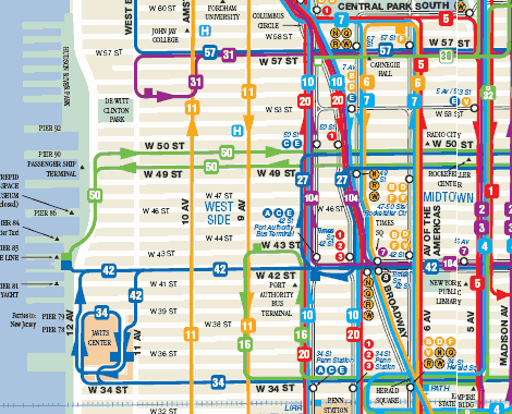 Extrait du plan des lignes de bus de New-York City : Manhattan.