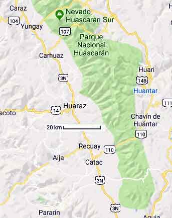 carte de la région de Huaraz, Huascaran, Chavin