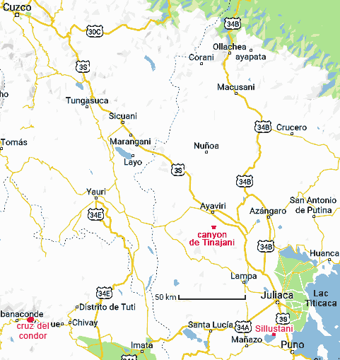 Carte des environs de Tinajani -Sillustani - de Cuzco à Puno