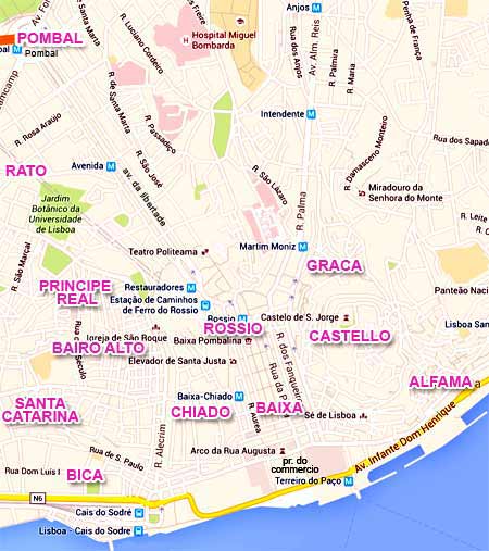 carte des quartiers du centre de Lisbonne