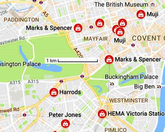 plan de situation des grands magasins de Londres