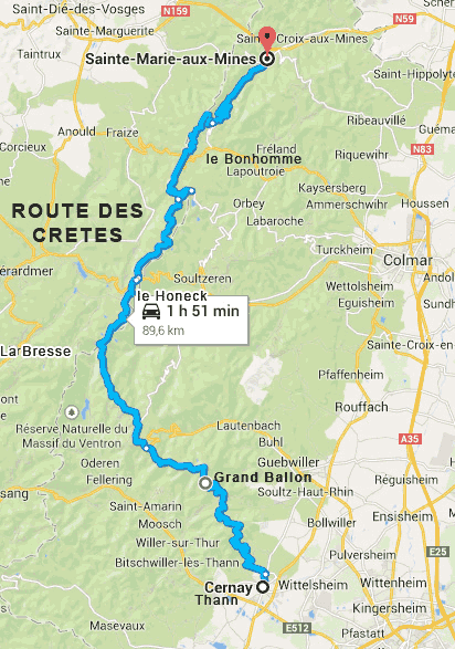 Keel Reisbureau Oppervlakkig route crêtes carte Alsace tourisme Vosges informations