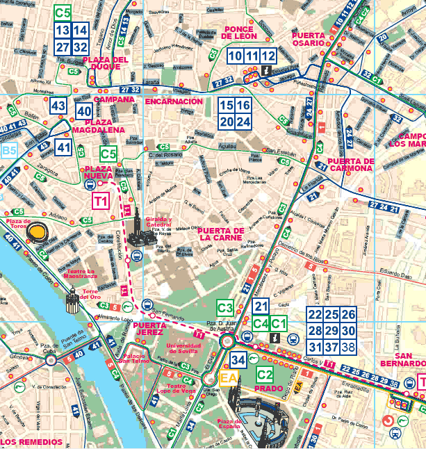 carte des bus du centre de Séville