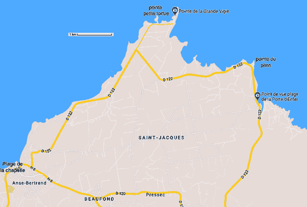 carte de la pointe nord de la Guadeloupe - Anse bertrand, pointe de la grande Vigie, trou d'enfer