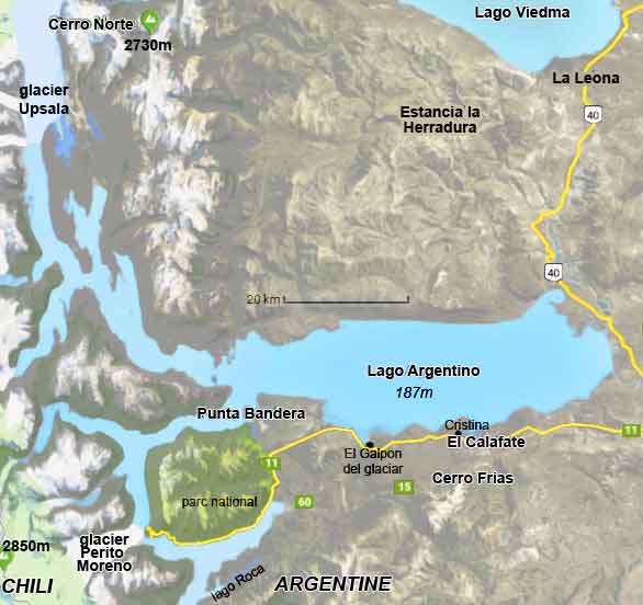 carte du Lago Argentino, glacier Upasal et Perito Moreno
