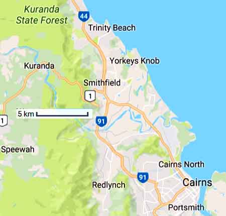 carte de Kuranda et ses environs Cairns