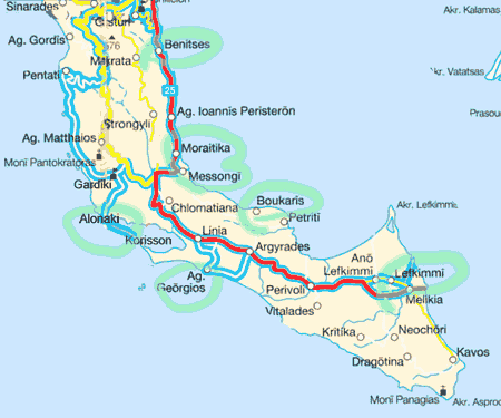 carte circuit du sud de Corfou