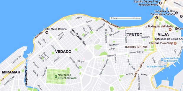 carte de la Havane et les quartiers modernes