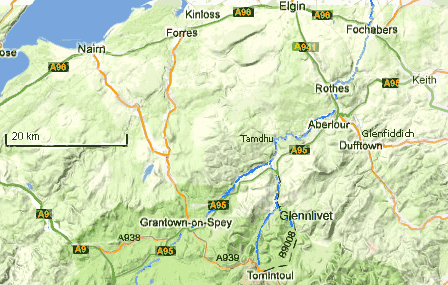 carte des environs inverness- Elgin - spey valley