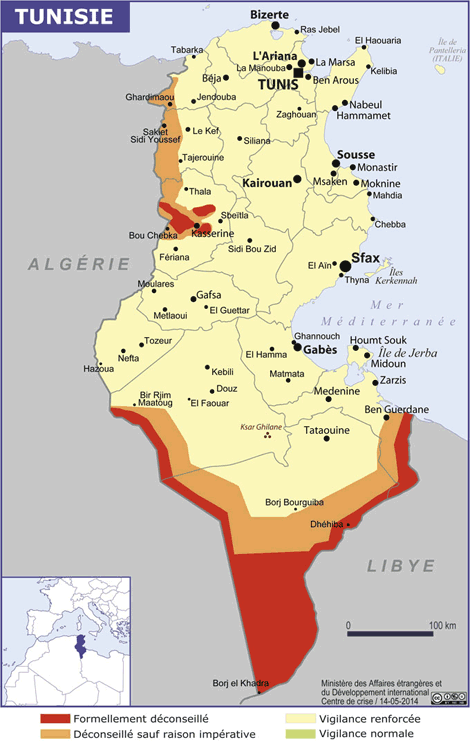 carte des zones dangereuse en Tunisie