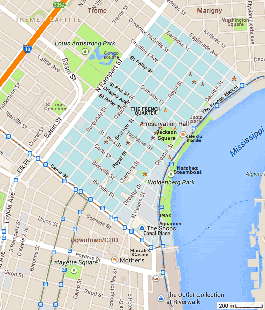 carte touristique de  New-Orleans quartier français