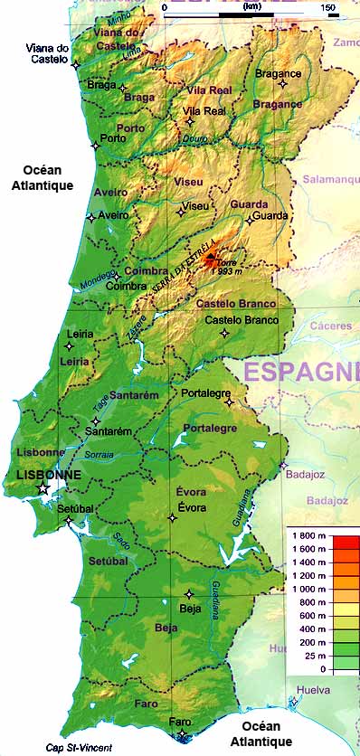 carte du Portugal continental avec les altitudes