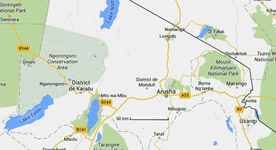 carte des environs d'Arusha Tanzanie