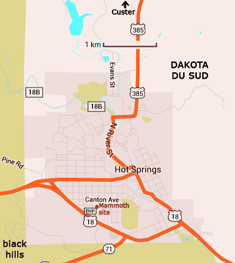 carte de Hot springs et du Mammoth site dans le Dakota du sud