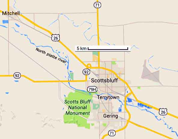carte des environs de Scottsbluff - Nebraska
