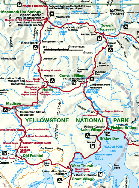carte du centre du parc de Yellowstone Wyoming
