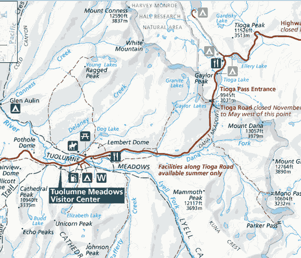 carte de la tioga pass et tuolumne meadows